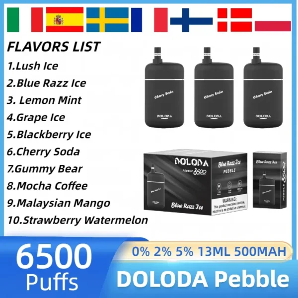 DOLODA Pebble 6500 Puffs 0% 2% 5% Nikotínová nabíjateľná jednorazová vapa veľkoobchod - BaseVape - 2