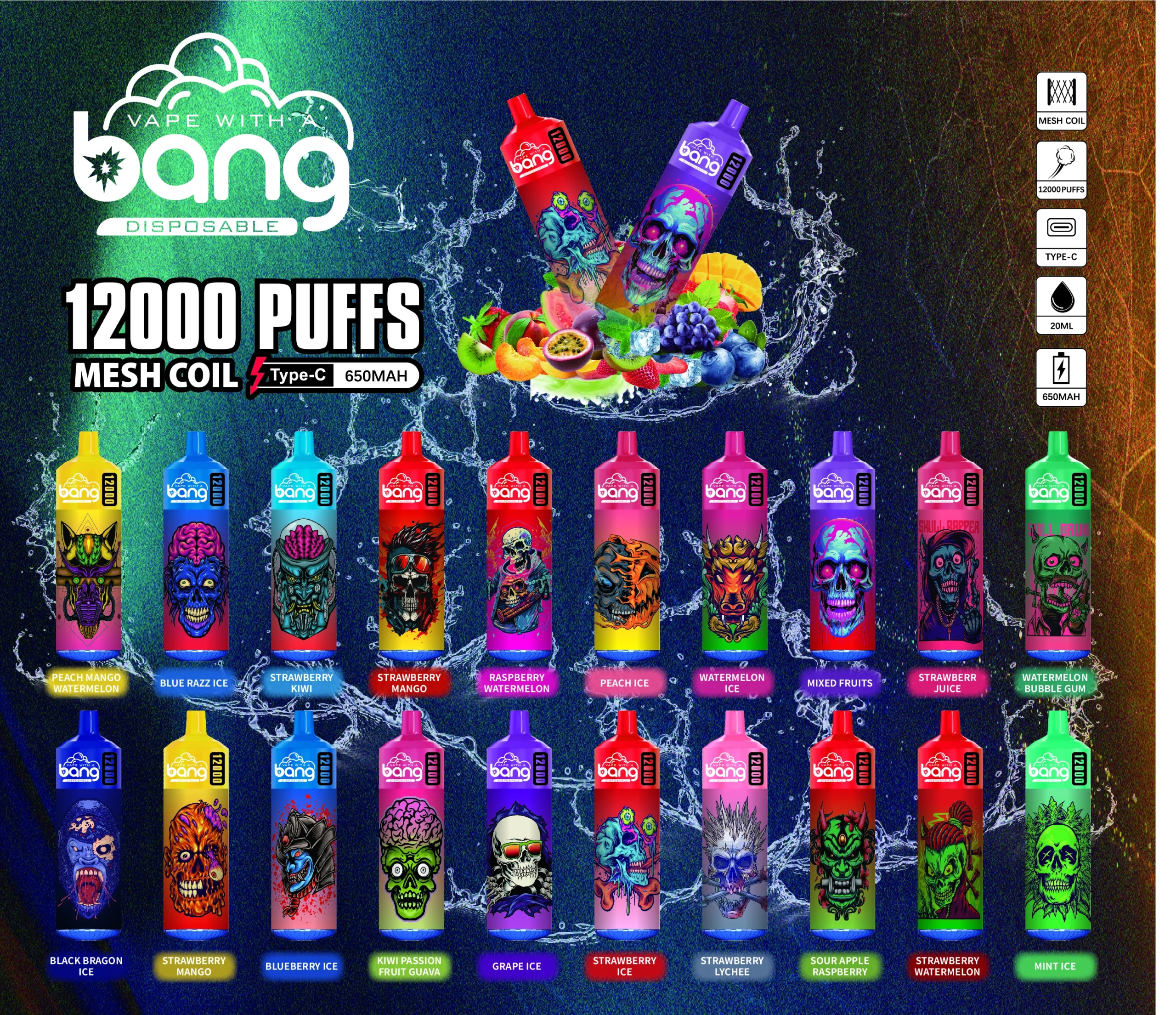 Bang 12000 Puffs 0% 2% 3% 5% Low Nicotine Bulk Buy Rechargeable Disposable Vapes Pen Wholesale